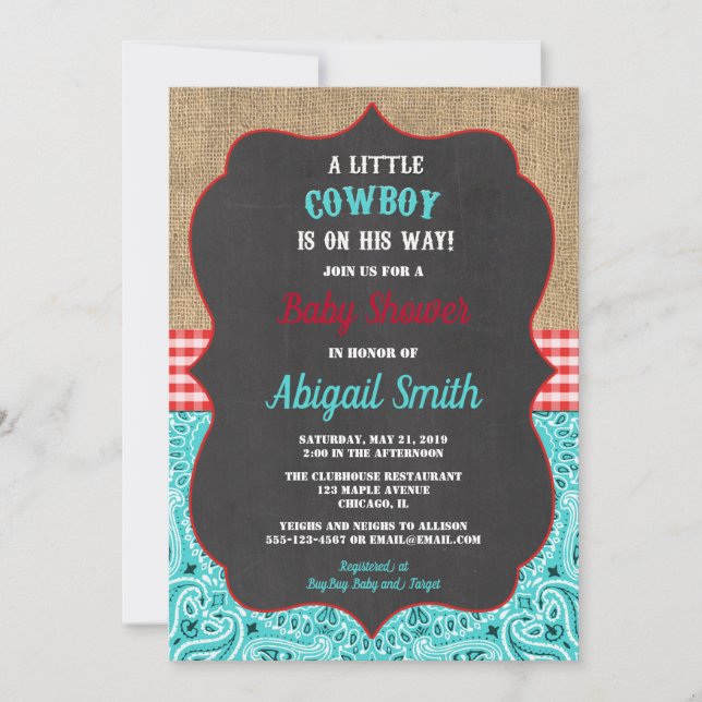 Cowboy teal red burlap rustic boy baby shower invitation (Front)