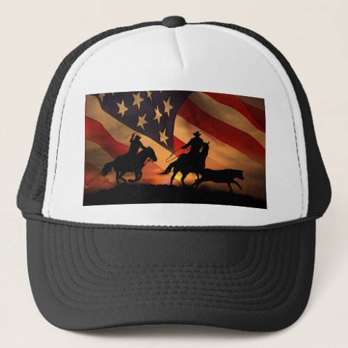 Cowboy Team Roping Rodeo Patriotic Country Rusitc Trucker Hat