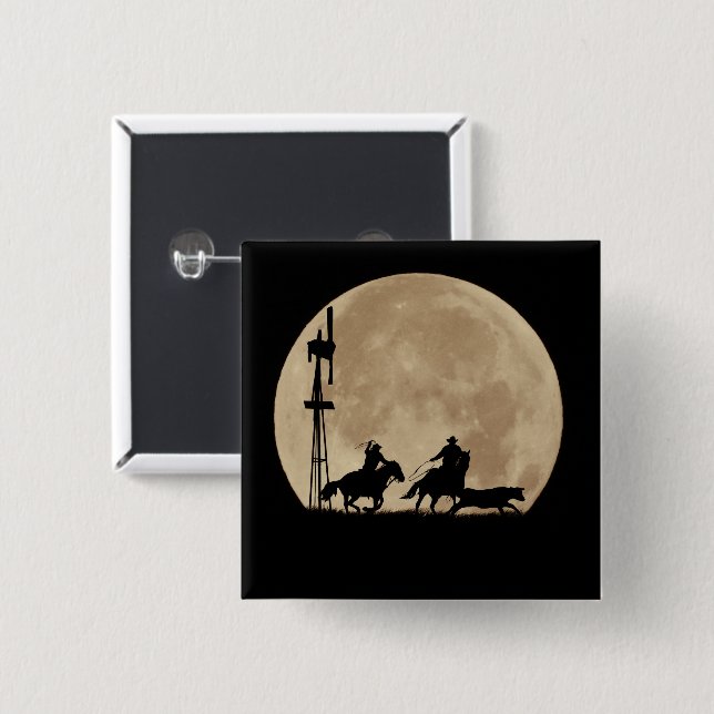 Cowboy Team Roping Rodeo With Windmill and Moon Button (Front & Back)