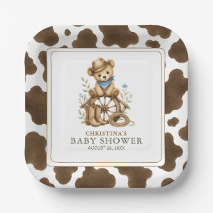 Cowboy Teddy Bear Baby Paper Plates   Cow Print