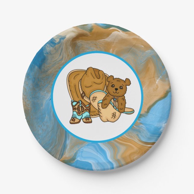Cowboy Teddy Bear Boy’s Baby Shower  Paper Plates (Front)