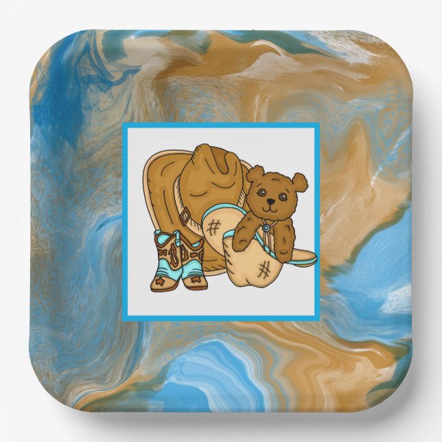 Cowboy Teddy Bear Boy’s Baby Shower Paper Plates (Front)