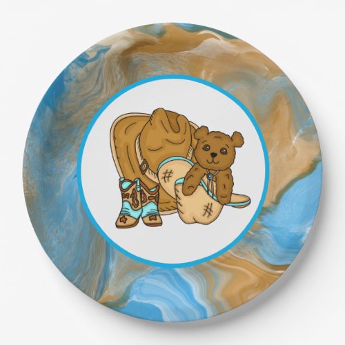 Cowboy Teddy Bear Boys Baby Shower Paper Plates