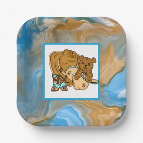 Cowboy Teddy Bear Boys Baby Shower Paper Plates