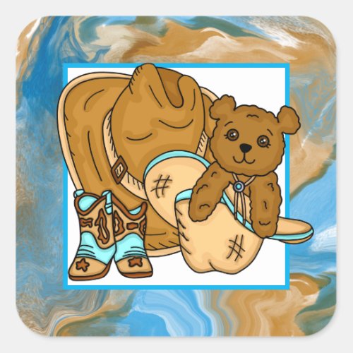 Cowboy Teddy Bear Boys Teddy Bear Baby Shower  Square Sticker