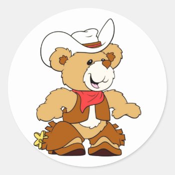 Cowboy Teddy Bear Classic Round Sticker by MishMoshTees at Zazzle
