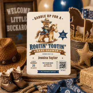Cowboy Teddy Bear Western QR RSVP  Baby Shower  Invitation