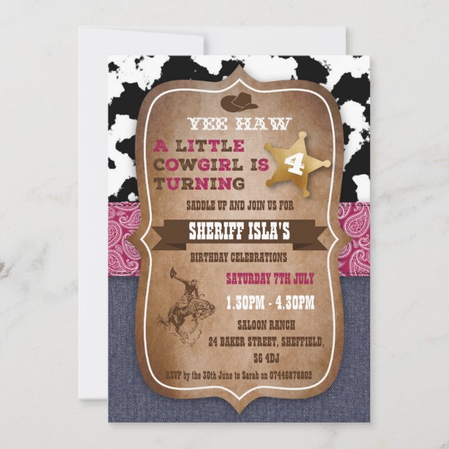 Cowboy themed birthday party invitation (Front)