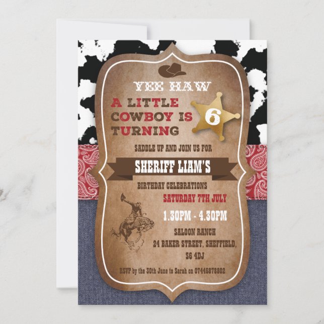 Cowboy themed birthday party invitation (Front)