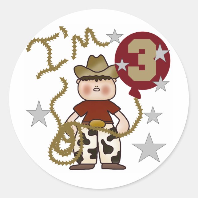 Cowboy Third Birthday T-shirts and Gifts Classic Round Sticker (Front)