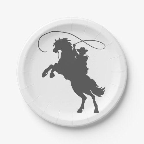 cowboy throwing lasso riding rearing up horse paper plates