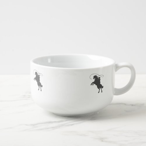 cowboy throwing lasso riding rearing up horse soup mug