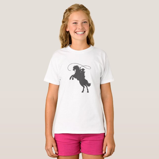 cowboy throwing lasso riding rearing up horse T-Shirt (Front Full)