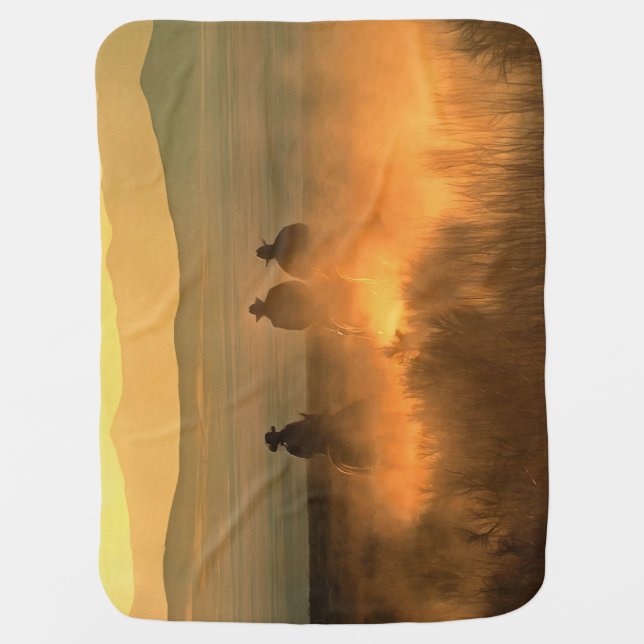 Cowboy Trio: Mountainous Background Gallop. Baby Blanket (Front)