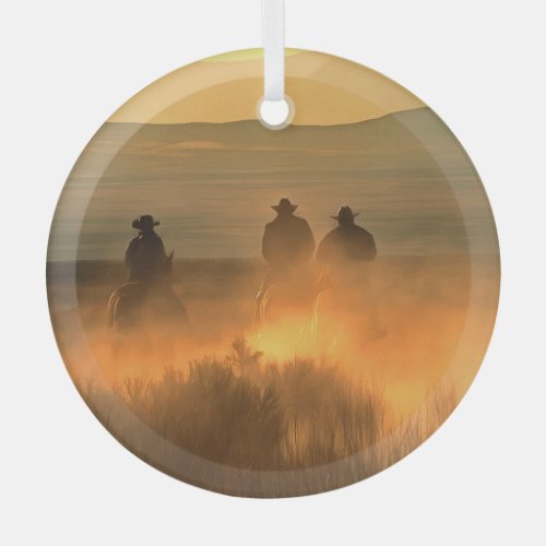 Cowboy Trio Mountainous Background Gallop Glass Ornament