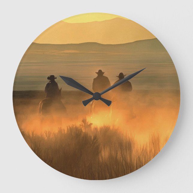 Cowboy Trio: Mountainous Background Gallop. Large Clock (Front)