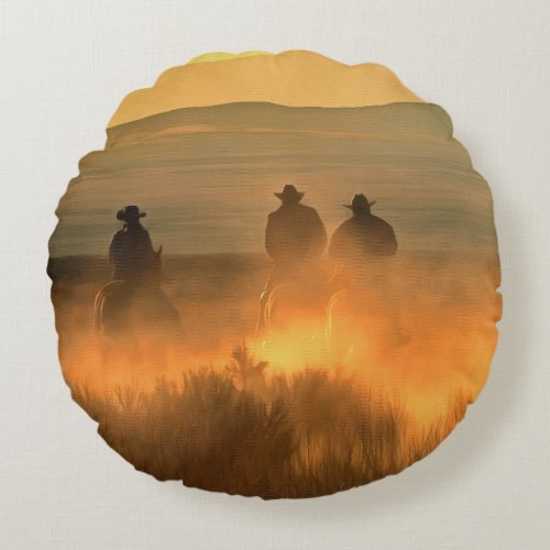 Cowboy Trio Mountainous Background Gallop Round Pillow