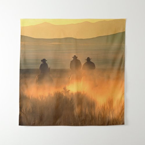 Cowboy Trio Mountainous Background Gallop Tapestry