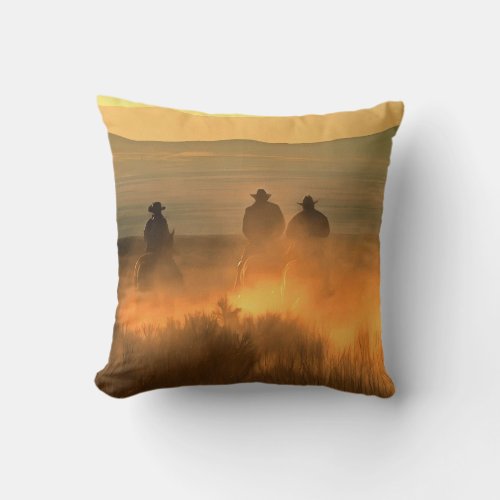 Cowboy Trio Mountainous Background Gallop Throw Pillow