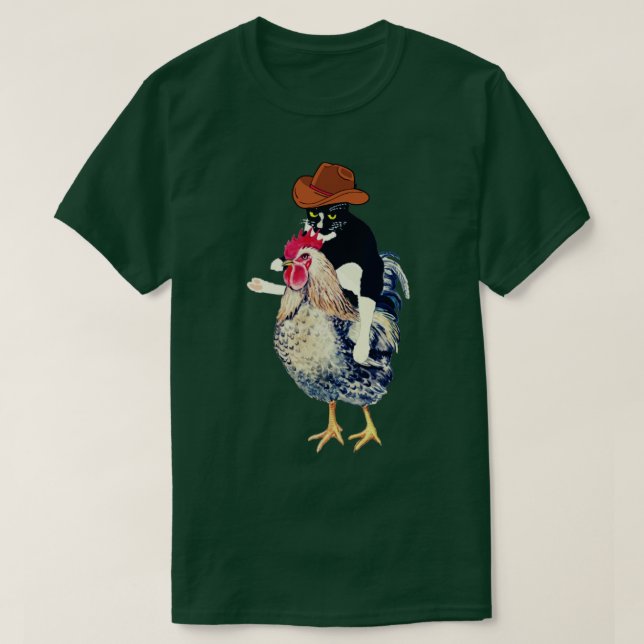 Cowboy tuxedo cat on a chicken funny cat lover T-Shirt (Design Front)