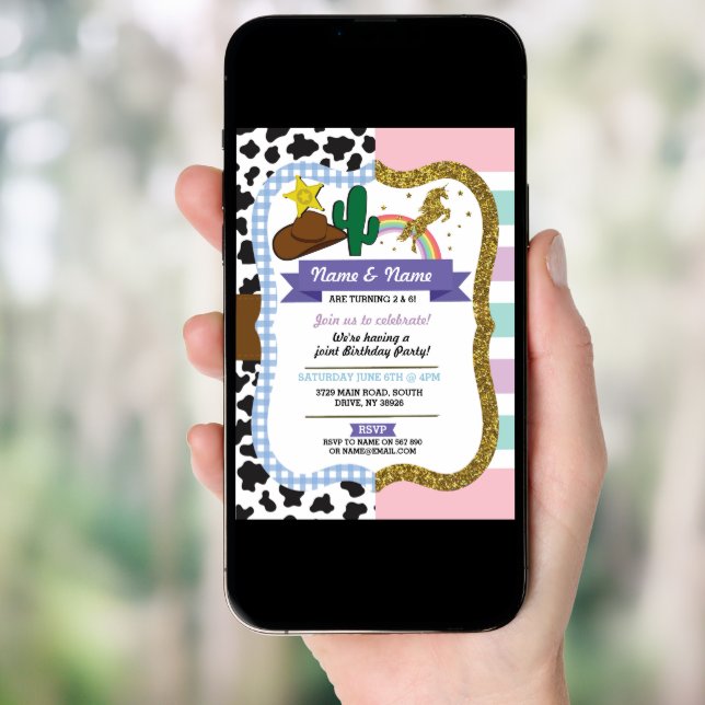 Cowboy & Unicorn Boys Girls Birthday Invites (Front Digital)