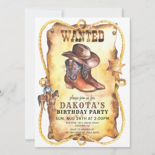 Cowboy Wanted Poster Birthday Party  Invitation