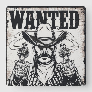 Cowboy Wanted Poster Square Wall Clock