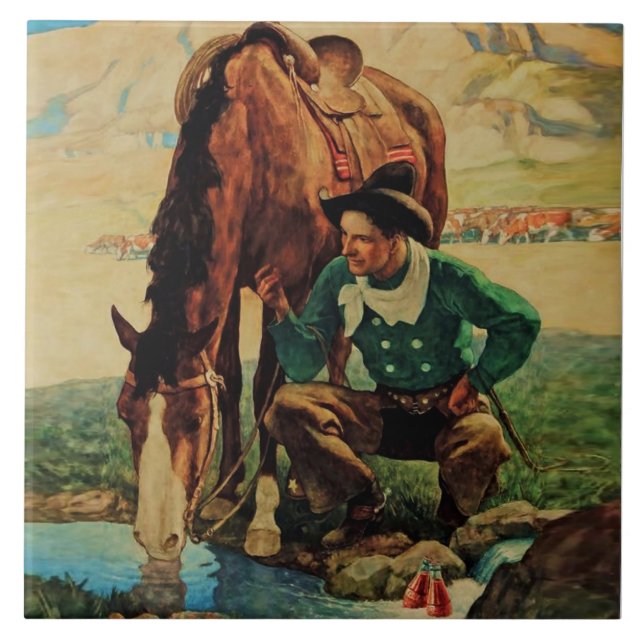 Cowboy Watering His Horse by NC Wyeth Ceramic Tile (Front)