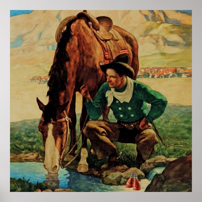Cowboy Watering His Horse by NC Wyeth Poster (Front)