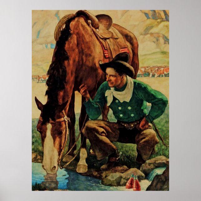 Cowboy Watering His Horse by NC Wyeth Poster (Front)