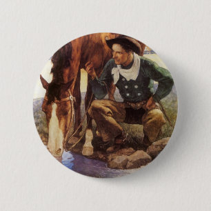 Cowboy Watering His Horse by NC Wyeth, Vintage Art Button