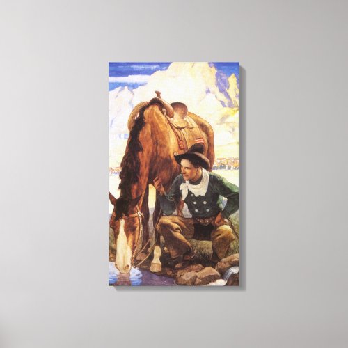 Cowboy Watering His Horse by NC Wyeth Vintage Art Canvas Print