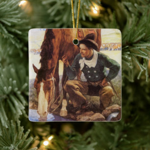 Cowboy Watering His Horse by NC Wyeth, Vintage Art Ceramic Ornament