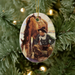 Cowboy Watering His Horse by NC Wyeth, Vintage Art Ceramic Ornament
