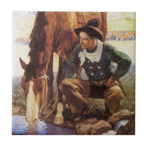 Cowboy Watering His Horse by NC Wyeth Vintage Art Ceramic Tile