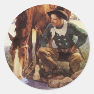 Cowboy Watering His Horse by NC Wyeth, Vintage Art Classic Round Sticker