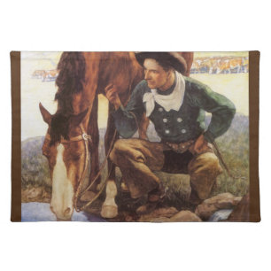 Cowboy Watering His Horse by NC Wyeth, Vintage Art Cloth Placemat