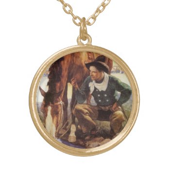 Cowboy Watering His Horse By Nc Wyeth  Vintage Art Gold Plated Necklace by MasterpieceCafe at Zazzle