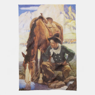 Cowboy Watering His Horse by NC Wyeth, Vintage Art Kitchen Towel