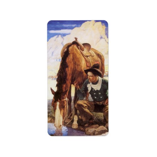 Cowboy Watering His Horse by NC Wyeth Vintage Art Label