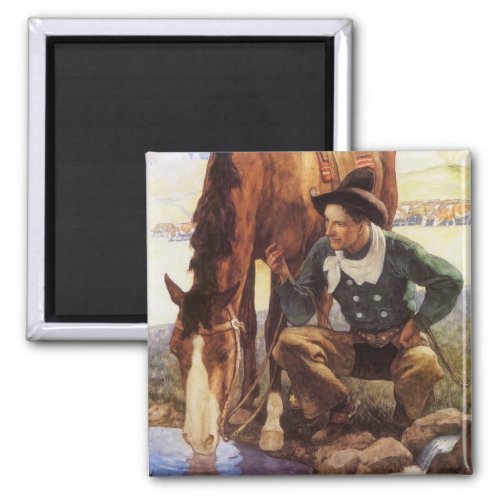Cowboy Watering His Horse by NC Wyeth Vintage Art Magnet