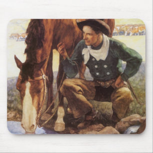 Cowboy Watering His Horse by NC Wyeth, Vintage Art Mouse Pad