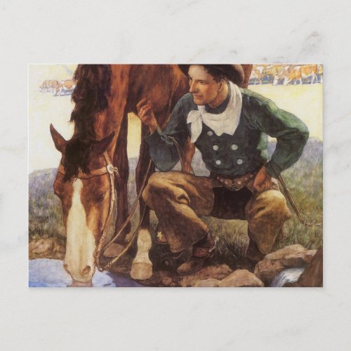 Cowboy Watering His Horse by NC Wyeth Vintage Art Postcard