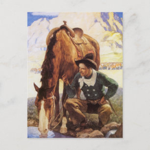 Cowboy Watering His Horse by NC Wyeth, Vintage Art Postcard