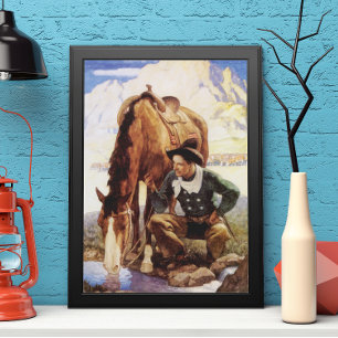 Cowboy Watering His Horse by NC Wyeth, Vintage Art Poster