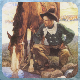 Cowboy Watering His Horse by NC Wyeth, Vintage Art Square Sticker