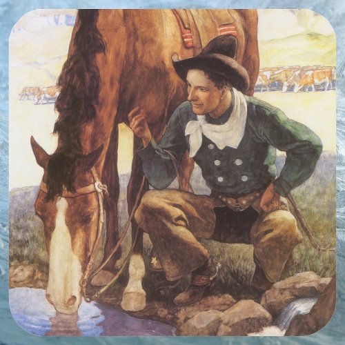 Cowboy Watering His Horse by NC Wyeth Vintage Art Square Sticker