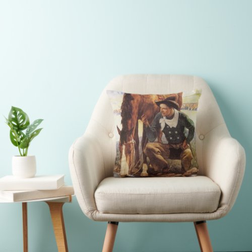 Cowboy Watering His Horse by NC Wyeth Vintage Art Throw Pillow