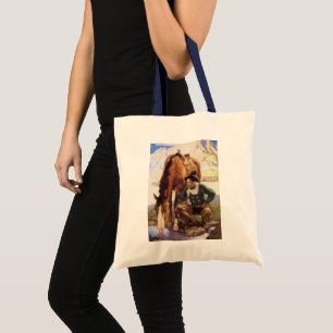 Cowboy Watering His Horse by NC Wyeth, Vintage Art Tote Bag