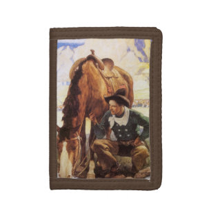 Cowboy Watering His Horse by NC Wyeth, Vintage Art Tri-fold Wallet
